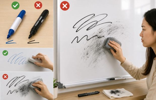 Bút lông dầu viết nhầm lên bảng trắng khiến mực bám chặt và khó lau sạch 
