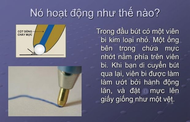 Mực di chuyển từ ruột bút xuống đầu bi và được viên bi phân phối đều trong quá trình viết