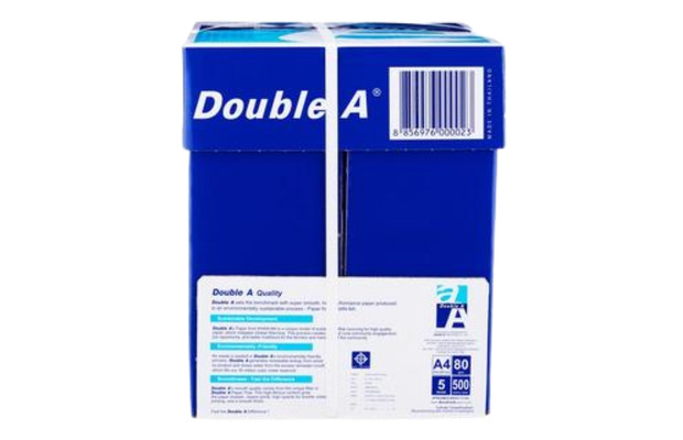 Giấy Double A chính hãng có bao bì in sắc nét, logo rõ ràng và tem chống giả được dán chắc chắn