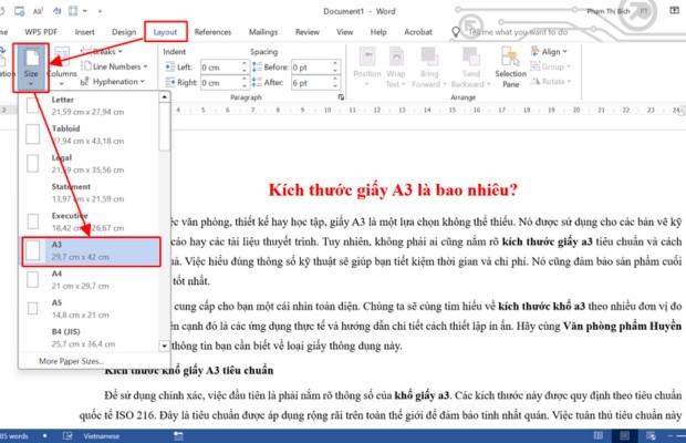 Hướng dẫn chọn kích thước giấy A3 trên Microsoft Word