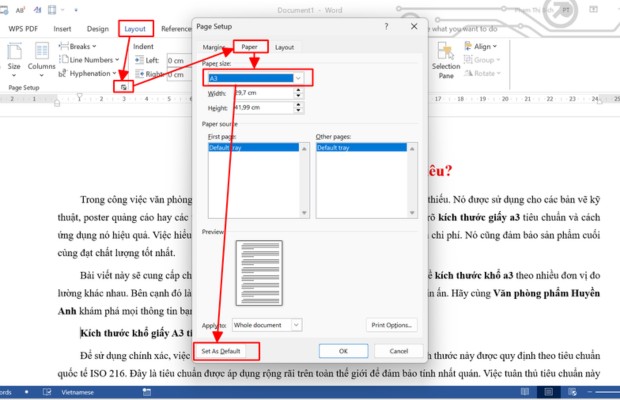 Cách đặt khổ giấy A3 làm mặc định trong Word