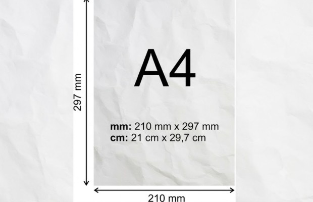 Kích thước giấy A4 chuẩn là 210 × 297 mm, tương đương 21 × 29,7 cm theo tiêu chuẩn ISO 216
