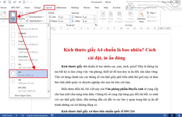 Hướng dẫn chọn khổ giấy A4 trong Microsoft Word để thiết lập đúng kích thước tài liệu