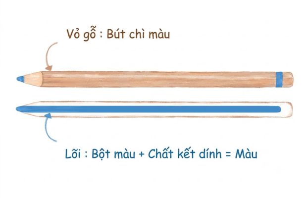 Cấu tạo bút chì màu gồm lõi màu bên trong và lớp vỏ gỗ bảo vệ bên ngoài