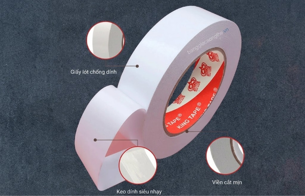 Cấu tạo băng keo 2 mặt gồm lớp lót bảo vệ, lớp keo và lớp nền ở giữa