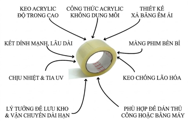 Băng keo trong sử dụng keo acrylic có độ trong cao, màng phim bền bỉ, độ kết dính tốt