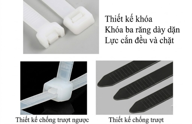 Kiểm tra độ dẻo, răng cưa, chốt khóa, kích thước và bao bì giúp đánh giá chất lượng dây rút