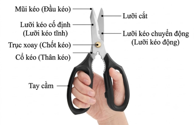 Cấu tạo cơ bản của kéo cắt giấy gồm lưỡi kéo, chốt trục và tay cầm