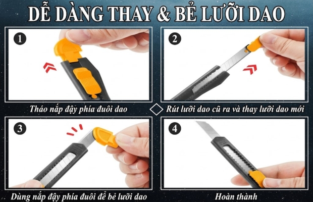 Các bước tháo lưỡi cũ và lắp lưỡi mới vào cơ cấu giữ của thân dao