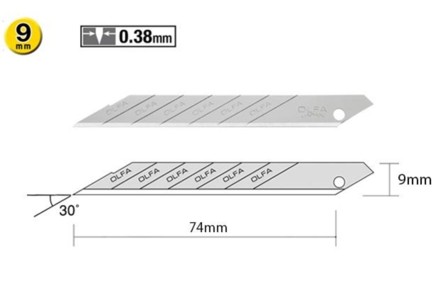 Lưỡi dao 9mm góc 30° có mũi nhọn, phù hợp cho công việc cắt chi tiết và tạo hình chính xác